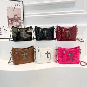Gothic Punk Crossbody Bag Women Bucket Bags with Skull Cross Chain Trendy Y2K Grunge Aesthetic Purses and Handbags Female