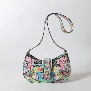 Graffiti Print Crossbody Hobo Bag Colorful Letter Print Shoulder Purse with Wide Strap for Streetwear