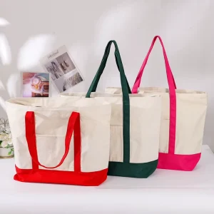 HANFEIZI Thick Canvas Tote Bag Patchwork Color Shopping Bag with Reinforced Handle