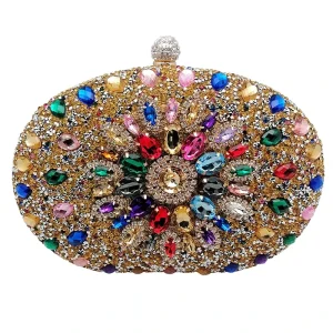 HK Luxury Women’s Crystal Oval Evening Clutch Bag Rhinestone Decorated Handbag Purses Chains Lining Fashion for Dinner