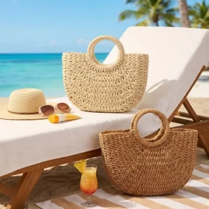Half Moon Straw Bags Semi circle Woven Bags with Round Handle Summer Beach Boho Natural Rattan Bags