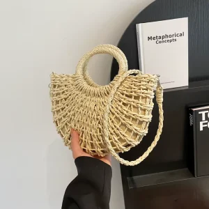 Half Round Woven Straw Crossbody Bag Women Summer Beach Handbag Vacation Holiday Portable Straw Shoulder Bag