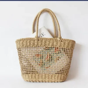 Hand Woven Hollow Tote Bag Handmade Paper Straw Shoulder Bag Openwork Beach Bag for Women Handicraft Vacation Bags