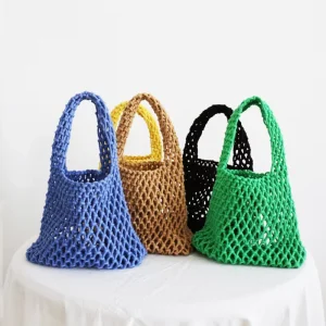 Hand Woven Mesh Bag Hollow Out Shoulder Bag Beach Bag Handbags for Women Handmade Cotton Rope Shoulder Bag for Ladies