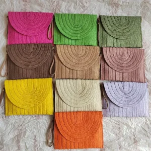 Hand Woven Straw Clutches Mini Bag with Leather Shoulder Strap for Ladies Woman