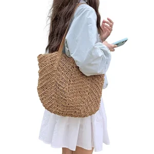 Hand Woven Straw Women’s Seaside Holiday Beach Woven Large Capacity Commuting Shoulder Tote Bag Zipper Closure