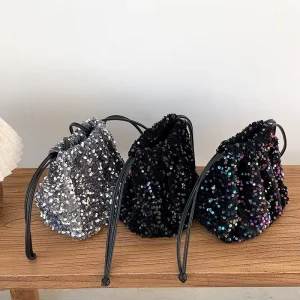 Hand-held Bucket Bag Women’s High-end Rope Pleated Single-shoulder Crossbody Bag Fashion European American Colorful Sequin