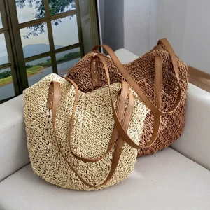 Hand woven Medium Summer Straw Shoulder Bag with Polyester Lining Large Capacity for Seaside Vacation