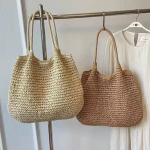 Hand woven Paper Two strap Large capacity Shoulder Bag Beach Bag Summer Beach Vacation Color block Woven Polyester lined Bag