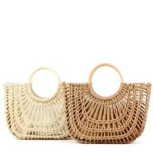 Hand woven Straw Bag Women Rattan Beach Handbag Purse Retro Rattan Tote Clutch Travel Bag Wood Round Handle Decorated Bag