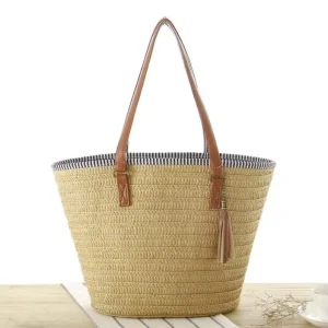 Handmade Basket Moroccan French Market Beach Bag Natural Long Flat Handle Raffia Straw Bag