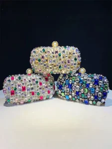 Handmade Beaded Evening Clutch Bag Glass Crystal Diamond Satin Luxury Vintage Party Purse for Women Wedding Banquet Gala Dinner