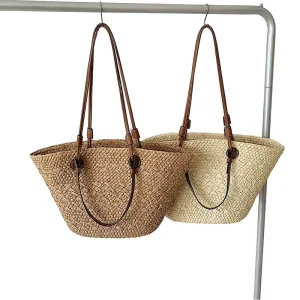 Handmade Chic Women Large Summer Beach Natural Weaving Straw Zip Closure Polyester Woven Tote Shoulder Bag