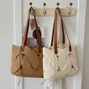 Handmade Cotton Rope Ring Shoulder Bag Women Braided Circle Tote Summer Beach Straw Purse Boho Style Interlock Handbag
