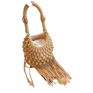 Handmade Cotton Woven Knitted Tassel Casual Tote Bag Button Closure Vintage Women Fashion Beach Summer Crochet Large Capacity