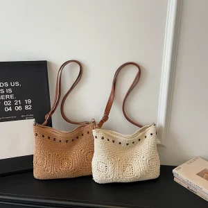 Handmade Crochet Shoulder Bag Women’s Boho Crossbody Purse with Bead Accents for Summer Beach and Casual Wear