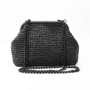 Handmade Crochet Small Cross Body Bag Luxury Women’s Black Straw Woven Clutch Purses Soft Cloud Bags With Chain