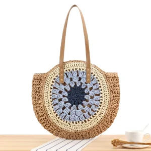 Handmade Crochet Summer Beach Tote Bag Leather Handles Fashionable Portable Beach Straw Bag Button Closure