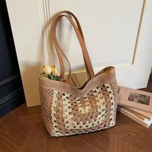 Handmade Crochet Tote Bag Straw Beach Bag Hollow Woven with PU Handle Large Capacity Single Shoulder Bag for Women