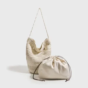 Handmade Crocheted PU Magnetic Clasp Big Summer Large Capacity All-match Commuting Portable Vintage Tote Bag
