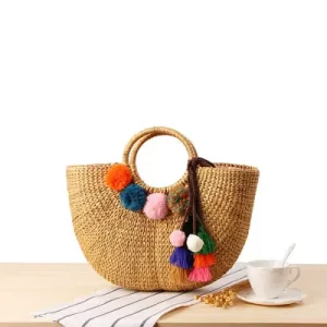 Handmade Custom Beach Summer Tote Bag Water Hyacinth Straw Rattan Solid Color Embroidery Decoration Zipper Closure