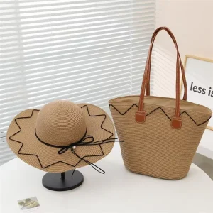 Handmade Fashion and Stylish Large capacity Straw Bag with Shoulder Strap and Hat Set for Ladies