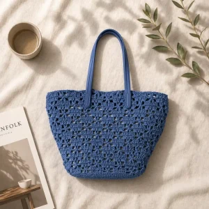 Handmade Gray Blue Solid Straw Bag Custom Hand Embroidery Large Capacity All Seasons Travel Use Factory Custom