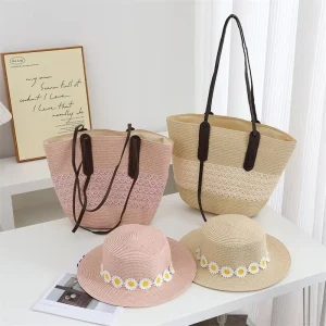 Handmade Holiday Seaside Large Capacity Paper Tote Bag Beach Sun Hat Set Summer Lace Flower Women Paper Straw Hat Bulk