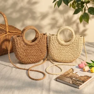 Handmade Ladies Summer Beach Shopping Straw Basket Bag Eco Friendly Casual Classic Fashion Pearl Decoration Hand Woven Half Moon