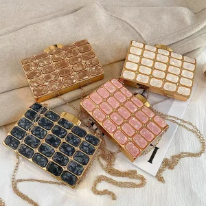 Handmade Marble Rhinestone Custom Acrylic Clutch Bag for Women Party Acrylic Bag Clutch Purse Evening Bags With Chain