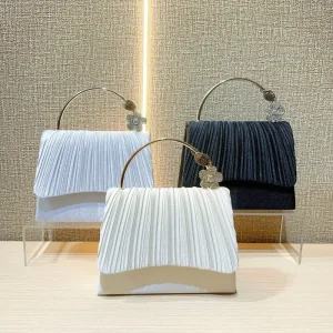 Handmade Niche Design Pleated Satin Splicing Evening Bag Floral Crystal Top Handle Bridal Formal Cocktail Party Bags Women