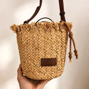 Handmade Raffia Vintage Bohemian Bucket Bag Women Lace-Up Closure Cotton Single Strap Tote With Chains Customizable Personalized
