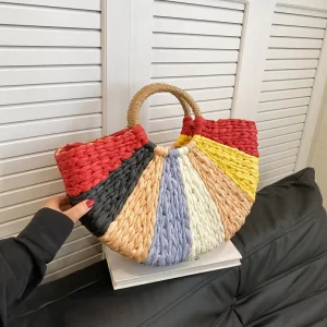 Handmade Retro Countryside Style Tote Handbag Popular Large Capacity Grass Woven Beach Bag Fashionable Lady Straw Bag
