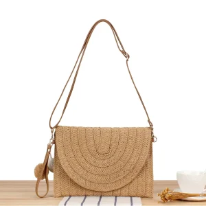 Handmade Spring Summer Autumn Casual Crossbody Shoulder Bag Women Fashionable Envelope Wallet Straw Tassel Button Portable Beach