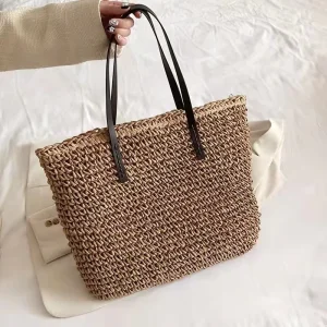 Handmade Straw Beach Bag Natural Color Woven Large Capacity Fashion Summer Vacation Travel Shopping Casual Women Beach Tote Bag
