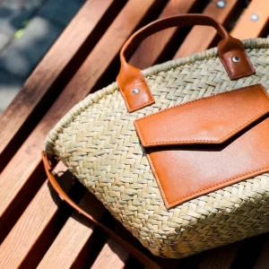 Handmade Straw Beach Basket Bag with Cognac Leather Handles Front Flap Pocket Optional Shoulder Strap