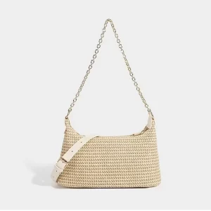 Handmade Straw Underarm Bag Women Metal Chain Shoulder Purse Detachable Strap Summer Beach Casual Ladies Crossbody Handbag