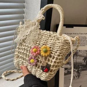 Handmade Straw Woven Women’s Beach Bag New Fashion Japanese Style Waterproof Open Single Strap Polyester Lining Shoulder