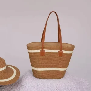 Handmade Stylish Large capacity Straw Bag with Shoulder Strap and Hat Set for Ladies