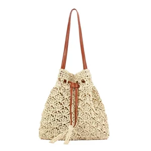 Handmade Tassel Bucket Paper Rope Woven PU Medium Urban Simplicity Bag String Closure Two Straps Beach Fashion