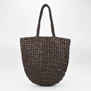 Handmade Women’s Vintage Bohemian Style Shoulder Bag Hollow Out Straw Tote with Chains Two Handles Portable Water Resistant