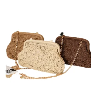 Handmade Woven Straw Shell Clutch Bag Bohemian Summer Beach Handbag with Chain Strap Elegant Raffia Frame Purse for Women