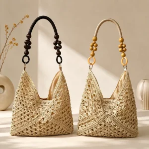 Handmade Woven Summer Beach Round Straw Bags for Women Rattan Shoulder Female Handbag Totes Hollow Strip Lining