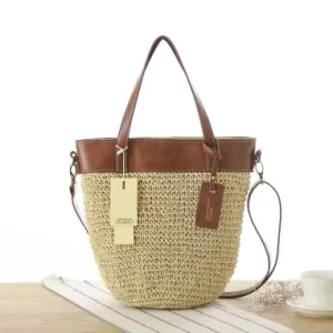 Handmade Woven Women’s Tote Bag Rattan Leather Shoulder Bag Three Straps Saddle Closure Metal Tassel Decor Casual