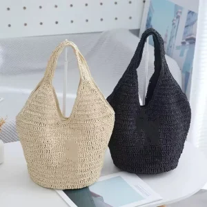Handmade woven summer straw beach-style crossbody bag. Vacation large-capacity straw handbag