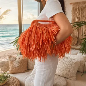 Handwoven Large Raffia Clutch Bag Bohemian Crochet Beach Bags Straw Beach Bag for Women