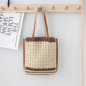 Handwoven Straw Beach Bag Beige Leather Trim Adjustable Crossbody Strap Summer Vacation Travel Ladies Handmade Beach Tote Bags
