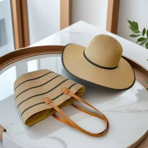 Handwoven Straw Hat Bag Set Women Summer Beach Accessories Vintage Rattan Sun Hat with Polyester Tote Vacation Travel