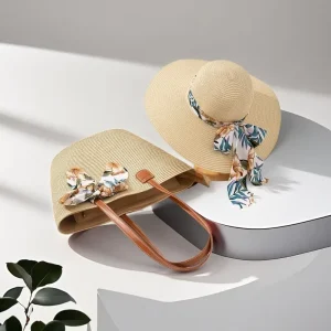 Handwoven Straw Hat and Bag Set Beach Summer Women Accessories Vintage Sun Hat with Matching Tote Bag for Vacation
