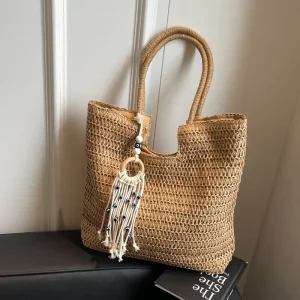 Handwoven Straw Shoulder Bag Large Capacity Tote Bag with Evil Eye Tassel for Beach Vacation and Daily Use